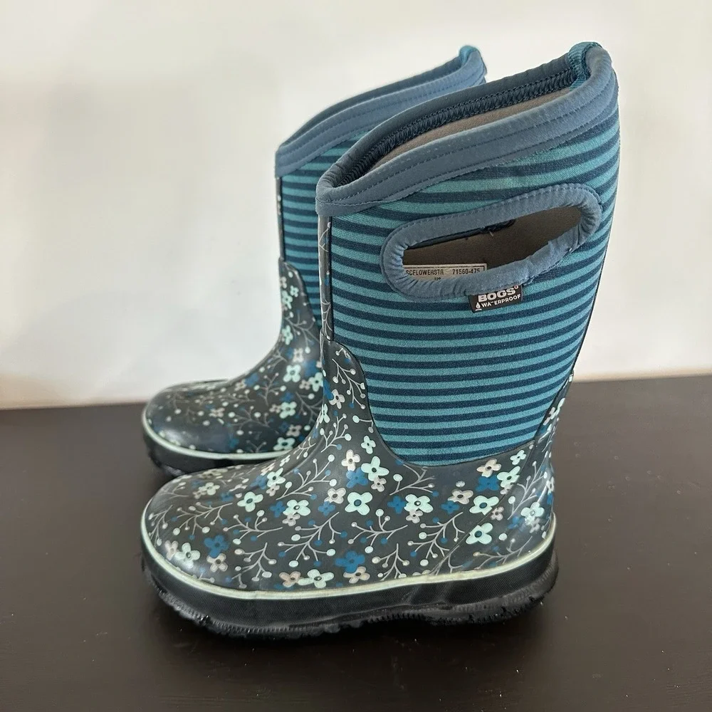 Bogs High Flower Stripe Waterproof Winter Rain Mud Snow Boot Black Girls 11 EUC